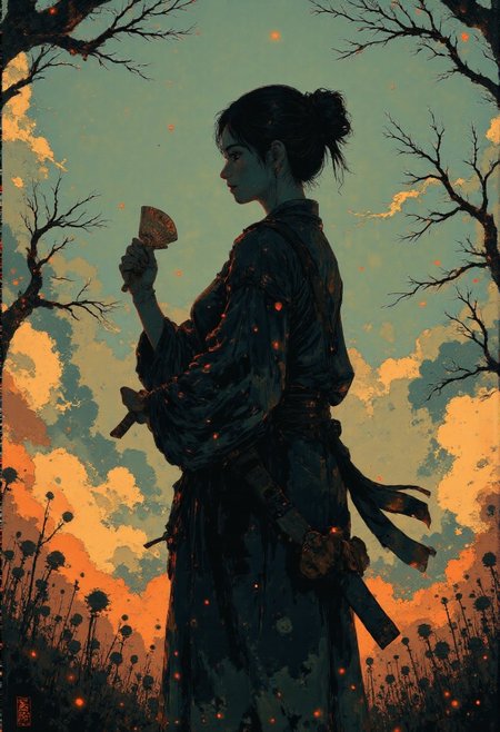 Picture a wraith-like maiden, her form scarcely more substantial than the chill October breeze that rustles the withered leaves carpeting the blood-drenched battlefield. Grasped in her spectral fingers, a longsword of antique provenance, its blade marred by numerous nicks and chips accumulated over decades of service. The weapon pulses with an eldritch aura, casting eerie reflections across the pallid planes of her cadaverous cheeks.
Fixated directly ahead, her piercing gaze transfixes an invisible foe, boring holes into the very essence of her target. Flames leap and dance in the hollow recesses of her ocular cavities, twin hellfires fueled by righteous wrath and vengeful ire. Tendrils of ectoplasmic mist curl around her wrists, binding the tattered remnants of a once-proud suit of plate mail to her emaciated forearms.
Behind her, the chaotic jumble of the battlefield comes into focus, a churning sea of violence and death. Prostrate forms clad in motley liveries stretch out across the frostbitten earth, some still twitching spasmodically in the final throes of agony.
art by Aaron Horkey,
animals, comics, creatures, etching, fantasy, graphic-novel, illustration, organic, pen-and-ink,
beautiful, painterly, detailed, textural, artistic, aesthetic, intricate details, highly detailed, vivid, vibrant, 
EtherealGlow, glowing, ethereal