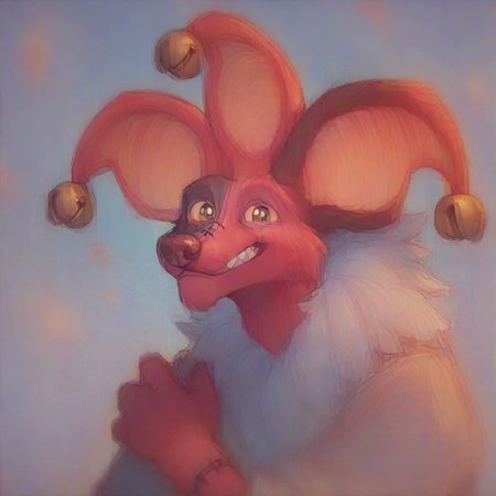 score_9, score_8_up, score_7_up, score_6_up, score_5_up, score_4_up, source_cartoon BREAK HyeheheMSMXL, red body, stitches, neck fluff, white neck fluff, 3 ears, jingle bells, jingle bells on ears, 1 jingle bell per ear, orange inner ears, yellow sclera, brown eyes, brown nose, sharp teeth, canine snout, white spade symbol on arm, spade symbol, white diamond symbol on thigh, red and white jester shoes, looking at viewer, smiling, happy, closed mouth, bust, pfp, cartoon, art by raytrac3r, toony, white pupils, digital media, thick lines, high contrast, vector BREAK best quality, 4k, 8k, 10k, 32k, HD, UHD, absurd quality, uploaded on DeviantArt