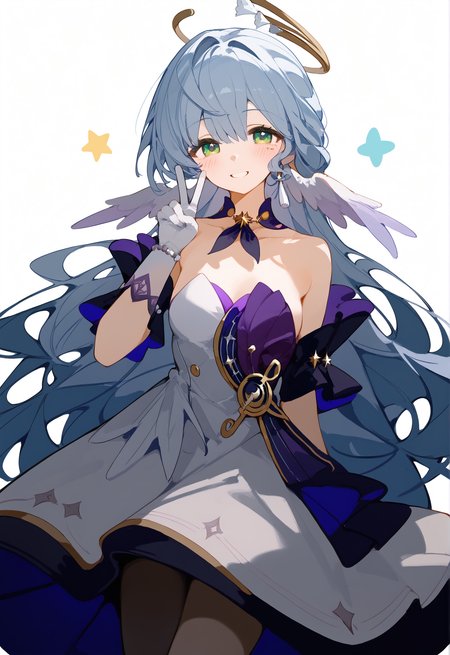 (score_9, score_8_up, score_7_up), zPDXL, 1girl, robin_\(honkai:_star_rail\), head_wings, bare_shoulders, white_gloves, detached_sleeves, strapless_dress, white_dress, short_sleeves, white_pantyhose, solo, blush, smile, v, (simple background, white background:1.2), bunti, <lora:mikozin__Blue_archive_style:0.5> <lora:bunti_pony:0.8> <lora:robinponyxl:1>