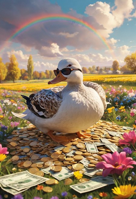 cartoon-style scene of a fabulously wealthy duck, vibrant field filled with fluttering dollar bills, wearing a lavish gold chain, sunglasses, looking relaxed. Oversized coins, colorful flowers swaying in the breeze. Bright, sunny, with a rainbow arching overhead, adding to the whimsical and extravagant atmosphere of this rich duck's dreamland.
[style of greg rutkowski,janek sedlar,jenny saville:0]  <lora:vivid_everclear:0.35>  <lora:Sinozick:0.35>  <lora:MJ52:0.35>