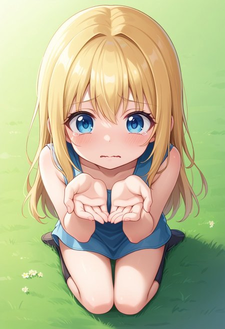 score_9, 1girl, from above, tearing up, cute, wavy mouth, cupping hands, own hands together, street, grass,