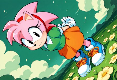 masterpiece, best quality, amazing quality, dynamic angle, dutch angle, abstract background, BREAK, ClassicAmyRose, 1girl, sonic the hedgehog, pink spiky hair, pink fur, peach muzzle, large black eyes, red headband, green, short puffy sleeved shirt, white collar, orange skirt, white gloves, blue shoes, orange shoelaces, short body, Both Hands behind back, Flowers on the ground, Light Smile, Looking at the Ground,