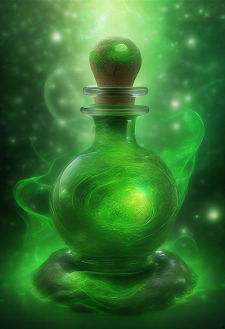 Score_9, Score_8, Photorealistic magic potion, intricate glass bottle, vibrant swirling green colors, ethereal light, wax seal, cork, dynamic reflections, magical aura, highly detailed, fantasy essence, glowing particles, radiant aura