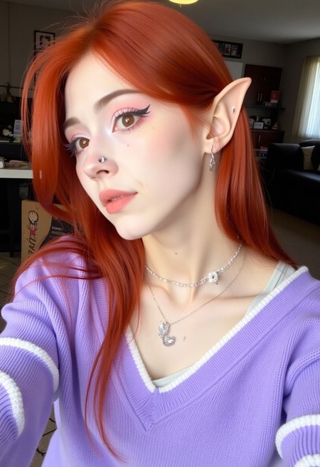 The image is a side-by-side photograph of a young woman KTNK with a striking resemblance to an elf, likely due to her pointed ears, which are a prominent feature. She has fair skin, long, straight auburn hair, and is wearing a light purple, V-neck sweater with white accents. Her makeup is subtle yet noticeable, with a hint of pink eyeshadow and winged eyeliner. She has a small nose ring and is wearing a choker necklace with a silver pendant.