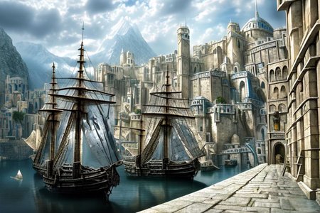 (masterpiece:1.2), (best quality,:1.2), 8k, HDR, ultra detailed, ((photorealistic)), professional light, cinematic lighting, fashion photography, ambient lighting, atmospheric effects, Numenor, a medieval fantasy harbour, some big ships, big statues, towers, walls, <lora:Numenor-10:1>, in the style of Middle Earth, Tolkien, Minas Tirith, epiCPhoto