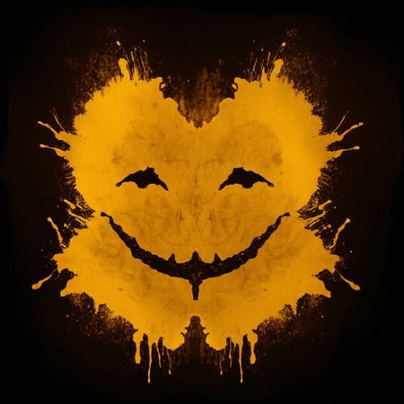 A rorschach-test resembling laughing Face, dark Amber and golden translucent ink splashes