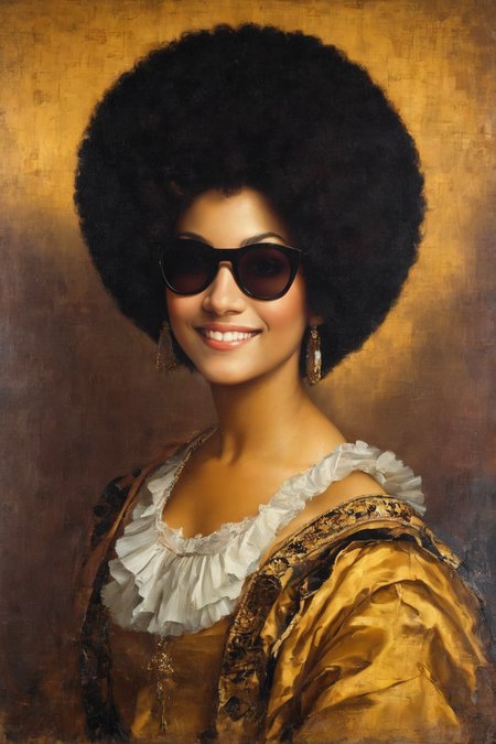 ((Masterpiece, best quality)),beautiful colors, sharp contrast,oil painting, vintage,crackled paint,
painting of a portrait, woman smiling with ((an afro hairstyle)) and sunglasses
painted in renaissance style
 <lora:edgRenaissanceXL:0.9>