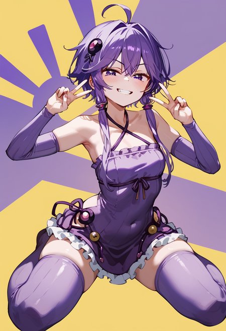 score_9_up, score_8_up, score_7_up,
 <lora:YuzukiYukari_Uzai_V1:1>
yuzuki yukari, purple eyes, purple hair, ahoge, bangs, short hair with long locks, hair intakes, hair ornament, small breasts, 
collarbone, criss-cross halter, breasts, halterneck, covered navel, bare shoulders, 
sleeveless dress, purple dress,  halter dress, Long sleeve, purple sleeve, zettai ryouiki, ribbon, thighs, sleeveless,  purple thighhighs, frills, 
smug, smirk, blush, teeth, peace sign, double peace sign,
yellow background, simple bacground,,
(mature female:1), huge brests:1,