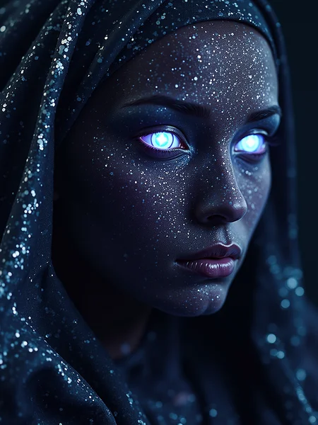 A portrait of a person featuring skin and clothing patterns imbued with futurism hyperreal iridescent effects, rendered with striking detail. Their eyes hold glowing points of light, creating a surreal digital art piece perfect for a cinematic close-up.
<lora:ral-iridescent-hyperreal-futurism-flux_000003000:1>