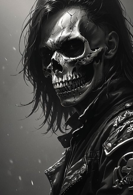 photorealistic, assassinkahb style, amazing quality, masterpiece, best quality, hyper detailed, ultra detailed, UHD, perfect anatomy, portrait, dof, hyper-realism, majestic, awesome, inspiring, a black and white photo of an assassin wearing a motorcycle jacket with japanese writing on the back, solo, simple background, skull, white background, jacket, monochrome, upper body, greyscale, male focus, long hair in wind, weapon, clothes writing, skull, skeleton, japanese flag, cinematic, global illumination, dramatic, tearing the sky, atmospheric haze, cinematic composition, soft shadows,