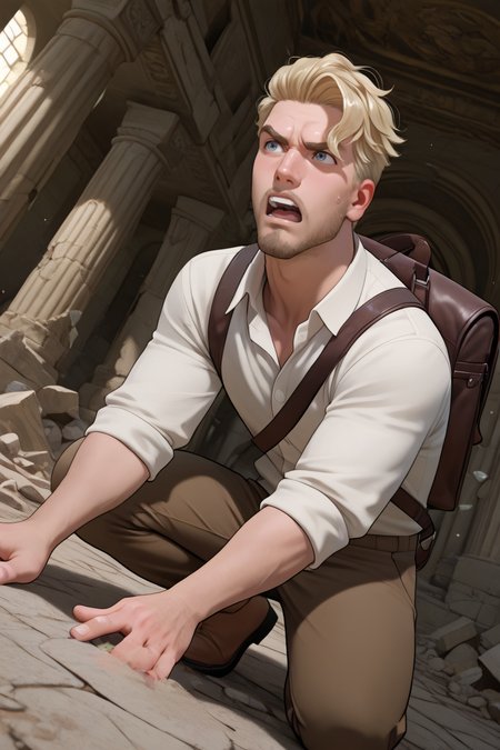 best quality, amazing quality, very aesthetic, absurdres, newest, dynamic angle, intricately detailed illustration, depth of field, masterpiece, volumetric lighting, expressive, dynamic action, masterpiece, perfect, clean detail, clean lines, smooth shading, perfect, eyes, detailed eyes,Expressiveh,
BREAK, ancient ruins, greek temple, cautious, exploring, messanger bag, looking around, indoors, 
BREAK, 1boy, male focus, solo,coralscott,blonde hair,short hair,blue eyes,facial hair, white collared shirt, rolled-up_sleeves, brown pants, brown shoes,