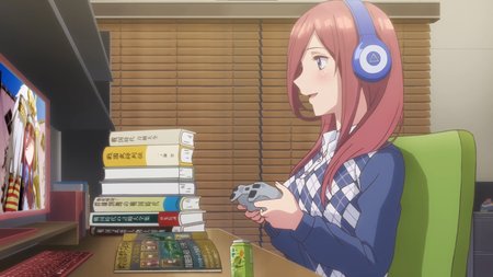 masterpiece, high quality, high res, absurd res, ultra high quality,
<lora:Miku_Nakano_Illustrious_v57:1>, M1kuNakan0_Illu, 1girl, solo, brown-red_hair, hair_over_eye, dark-blue_eyes,  long_hair, bangs, checkered_blue_polo_shirt, holding controller, grey controller, monitor, books, smile, slightly open mouth, looking at monitor, headphones_on_head, triangle_logo, green chair, sitting, (Miku warlord on screen:1.2), blinds, pile of books, open magazine, table, shelf, matcha soda