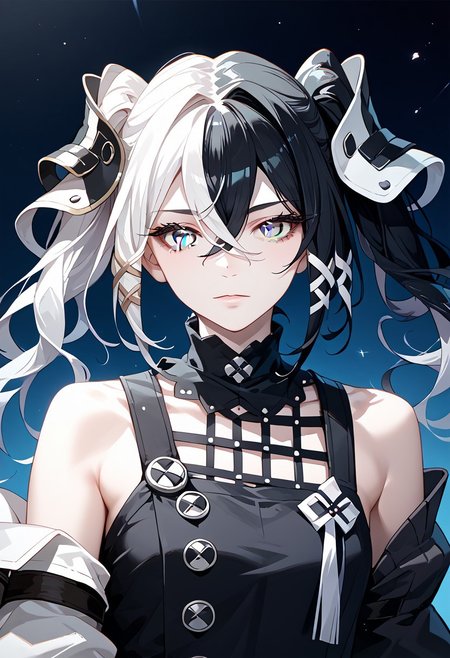 score_9,score_8_up,score_7_up,source_anime,ANTILENE_HERAN_FOUCHE,1girl,solo,looking at viewer,black hair,hair ornament,hair between eyes,twintails,white hair,multicolored hair,two-tone hair,grey eyes,pale skin,