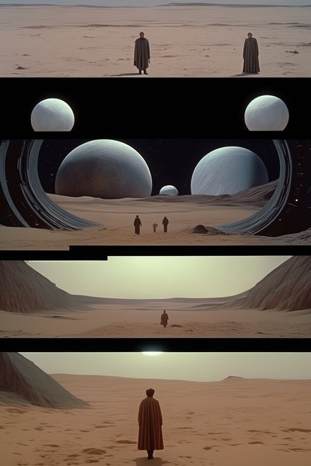 <lora:Director Ridley Scott style:1>Director Ridley Scott style - A 8k still frame high detailed, of Le voyage dans la lune2001 space odyssey Star Wars, colour aesthetic highly detailed photography scene from dune ( 2 0 2 1 )alejandro hodorovski and denis villeneuve and gregory crewdson style with ultra hyperrealistic very highly detailed faces. with many detailsandrei tarkovsky and caravaggio in sci - fi style. volumetric natural light hyperrealism photo on kodak portra 4 0 0