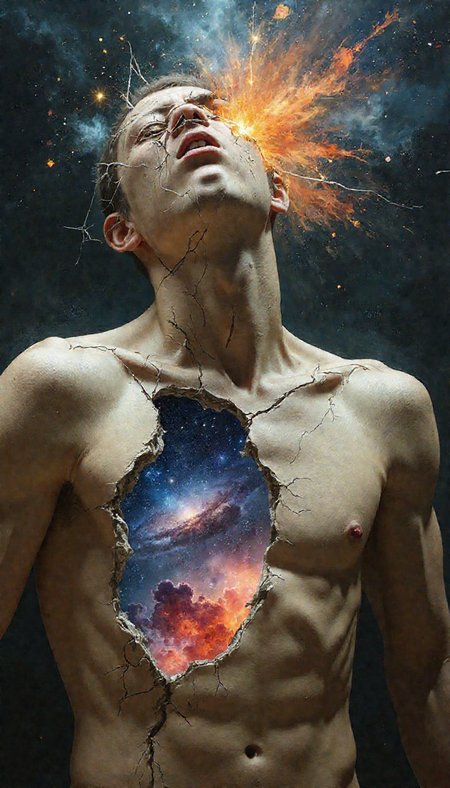 Composition and Focal Points:

Central Figure: The image centers on a partially fractured male figure, whose face and upper torso dominate the composition. The figure is tilted slightly backward, with the head thrown back, eyes closed, and mouth slightly open, conveying a mix of transcendence, agony, or ecstasy.
Fractured Cranium: The head appears cracked and broken, with a burst of cosmic energy exploding from the fractures, revealing a galactic nebula spilling out like a wound in reality.
Chest and Inner Void: The chest is cracked open, revealing a star-filled void within. The visible cosmos inside the figure suggests infinity and the universe contained within.
Background Integration: The backdrop is dark, with swirling celestial patterns and nebulas, blending seamlessly with the galactic elements emerging from the figure.
Artistic Style:

Surrealism and Cosmic Abstraction: The imagery combines surreal human anatomy with celestial and cosmic elements, creating a metaphorical exploration of inner worlds and transcendence.
Hyperrealistic Details: The cracked texture of the skin, the anatomical accuracy of the figure, and the intricate rendering of galaxies add a lifelike yet surreal quality.
Color Palette:

Earth Tones and Cosmic Hues: The figure is rendered in naturalistic, earthy beige and tan tones, contrasting sharply with the vibrant blues, reds, and whites of the cosmic energy.
Celestial Glow: The galactic elements include bright, glowing stars, fiery reds, and ethereal blues, providing a striking contrast to the muted tones of the figure’s fractured exterior.
Shadow and Light: The interplay of light highlights the face and fractures, emphasizing the glowing energy within, while deep shadows around the edges enhance the mystery and depth.
Lighting and Tonal Qualities:

Dynamic Illumination: The brightest light comes from within the cosmic voids, particularly the explosion from the head and chest. This internal lighting contrasts with the external dimness, symbolizing inner illumination amidst outer decay.
Subtle Gradations: The soft transitions in the background from dark cosmic tones to lighter nebula-like clouds create depth and dimensionality.
Contrast Between Life and Decay: The cracked, lifeless exterior contrasts with the vibrant, glowing interior, suggesting a theme of life emerging from destruction.
Textures and Patterns:

Cracked Skin: The surface of the figure is rough, broken, and weathered, resembling dried earth or ancient stone, emphasizing vulnerability and impermanence.
Galactic Fluidity: The cosmic elements are fluid and organic, with swirling patterns of nebulas and star clusters flowing out of the cracks.
Duality of Solidity and Immateriality: The figure’s solid, crumbling exterior juxtaposes with the formless, infinite quality of the galaxies within.
Mood and Atmosphere:

Transcendence and Suffering: The expression of the figure, coupled with the cosmic elements, conveys a powerful sense of transformation, where pain and destruction lead to spiritual or universal awakening.
Mystical and Introspective: The celestial elements evoke wonder and introspection, creating an otherworldly and meditative atmosphere.
Tension Between Decay and Creation: The visual elements highlight the contrast between mortality (the fractured body) and immortality (the infinite universe within).
Symbolism and Themes:

Cosmic Humanity: The image symbolizes the idea of humans as microcosms of the universe, containing infinite potential and cosmic energy within a fragile, mortal shell.
Destruction and Renewal: The cracks and explosions signify transformation, where destruction gives way to new beginnings or enlightenment.
Connection to the Infinite: The juxtaposition of the human figure with the vastness of the cosmos speaks to the interconnectedness of humanity and the universe.