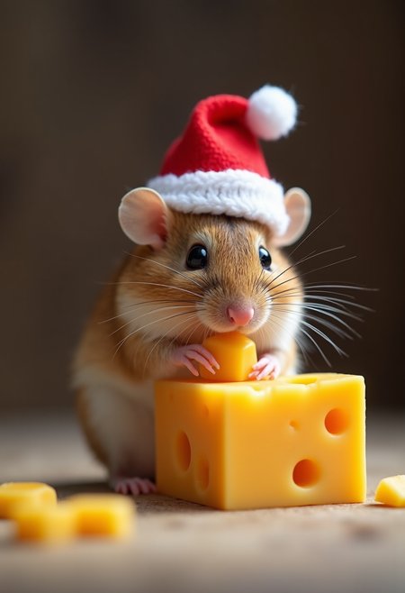 a tiny mouse wearing a christmas hat eating a small block of cheese