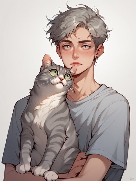 score_9, score_8_up, score_7_up, score_6_up, score_5_up,  <lora:p3tl0v3XLP:1> p3tl0v3, 1boy, cat,  <lora:c4tsXLP:0.3> c4ts, grey tabby