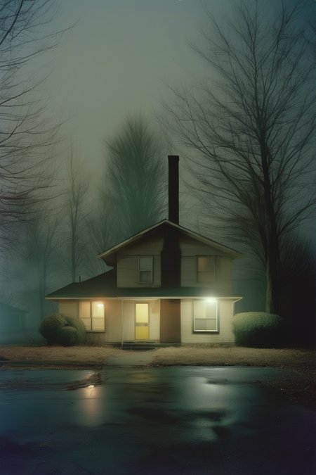 <lora:Todd Hido Style:1>Todd Hido Style - Todd Hido style photographs of eerie homes at night, with a centred wes anderson style