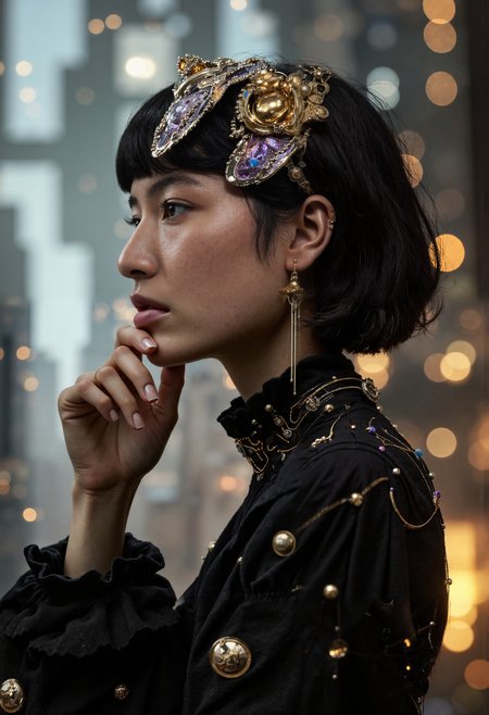 A photorealistic, cyberpunk, vintage space-age portrait of a woman in profile, her head turned to the right, gazing away with a contemplative expression. Her short, blunt black hair is partially obscured by an intricate, metallic headpiece that combines sleek futuristic design with vintage elegance. The headpiece is highly detailed, featuring glowing gold, silver, and purple accents, reflecting ambient light with a bioluminescent glow. The woman's youthful, pale complexion is contrasted by her rosy cheeks and delicate pink lips, giving her a soft yet striking appearance. A single piercing in her upper ear holds a long, thin golden earring with intricate, dangling tassels that shimmer subtly in the low light.  She wears a high-collared, black garment with voluminous sleeves, enhanced with glowing golden circuitry that runs through the fabric like veins, blending fashion with advanced technology. Her right hand gently touches her chin, while her left hand rests near her waist, creating a poised and thoughtful posture. The background is a complex, abstract composition of geometric shapes, inspired by a bustling, futuristic cityscape bathed in a warm palette of golds, blues, and oranges. Soft neon lights and holographic displays hover in the distance, their light diffused to create a serene atmosphere, while soft shadows accentuate the woman's facial features and the intricate textures of her attire. The shallow depth of field draws attention to the woman's face and the iridescent sheen of her headpiece and clothing, blending the aesthetic of a technologically advanced world with the vintage elegance of a space-age society. The overall scene evokes a sense of quiet contemplation amidst the vibrant energy of a cyberpunk future, inviting the viewer to reflect on her story and the futuristic world she inhabits.
