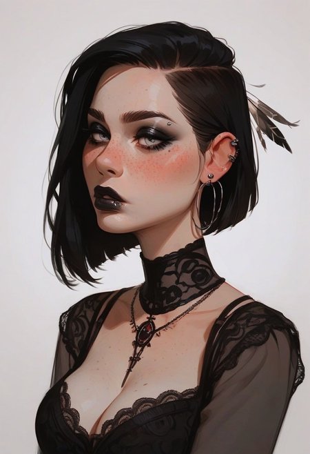 score_9, score_8_up, score_8_up, easynegative, Expressiveh, portrait, close-up, focus on face, 1girl, beautiful, flawless, perfect face, (goth girl, lace outfit, low cut silk blouse), (slut outfit, hair feather, septum hoop piercing, black hair, freckles, blushing, lipgloss), large natural breasts, AS-YoungestV2:2, best quality, thick
