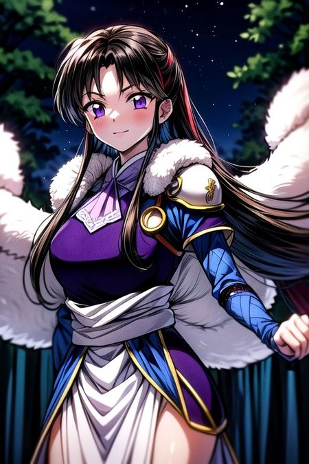 masterpiece,  best quality 1girl Setsun4 solo long hair,  (night time) forest background black hair very long hair purple eyes multicolored hair armor (fur trim) (medium body),<lora:EMS-179-EMS:0.800000>,<lora:EMS-293862-EMS:0.800000> bow, hair_bow, hair_tubes, red_bow, brown_hair, long_hair, bangs, ascot, frilled_bow, yellow_ascot, blush, smile, hair_between_eyes, athletic, armor, miko, ,(((intricate outfit,intricate clothes,embroidered outfit,ornate outfit,embroidered clothes,ornate clothes))),