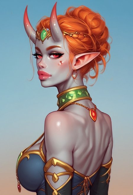 1girl, (((back view))), from front, solo, illustration, comic style, highly detailed, skinny, model body, looking at viewer, masterpiece, best quality, 
((fayenchantress, mizora, mizora \(baldurs gate\), mizora \(bg cambion\), 1girl, ashen grey skin, ginger hair, standing, demon girl, looking at viewer, ((grey demon oni horns)), solo, pointy ears, red eyes, demon wings, necklace, dark blue dress, deep cleavage to the waist, full black sleeves, <lora:Mizora_Baldurs_Gate_Cambion_PONY_XL_by_UOC:1.8>))
(young beauty, fit body:1.3), dynamic pose,
BREAK 
(((ruined city, blue sky:1.6)))) score_9, score_8_up, score_7_up, score_6_up, source_cartoon, rating_explicit, Expressiveh, ((((upper body))))), dynamic pose
