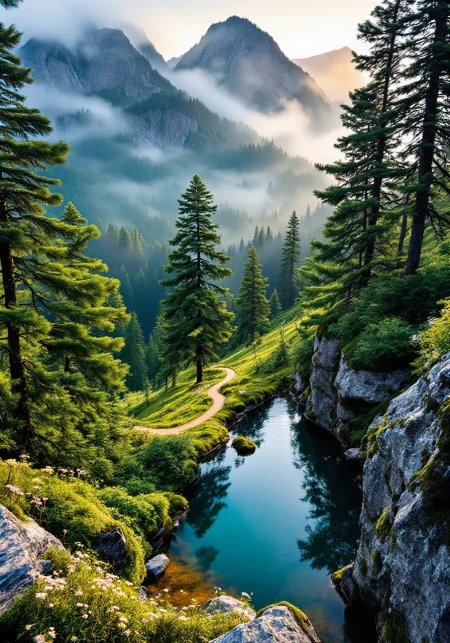 You are an assistant designed to generate superior images with the superior degree of image-text alignment based on textual prompts or user prompts. <Prompt Start> Photograph captures a sweeping aerial view of a lush pine forest through the lens of a high-resolution camera. Mist-clad mountain peaks and enigmatic ancient pines are highlighted by intricate bark textures and dewy emerald leaves, with delicate wildflower clusters dotting the winding forest trail. The low-angle perspective offers a dynamic tracking view of a reflective natural pool under warm ambient light, softened by morning mist that accentuates detailed moss and lichen on rugged stone elements. Vibrant natural gradients enhance the harmonious spatial composition of this serene natural atmosphere, rendered in ultra-realistic 8K masterpiece quality.