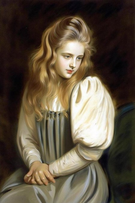 paulcesarhelleu1 illustration. 
A young girl with light blonde hair, wearing a white blouse with puffed sleeves and a blue dress. She is seated, turning her head to looking slightly to her left with a contemplative expression.
 <lora:paulcesarhelleu1_cap_d6a3e11:1.0><lora:844393641578558595:0>