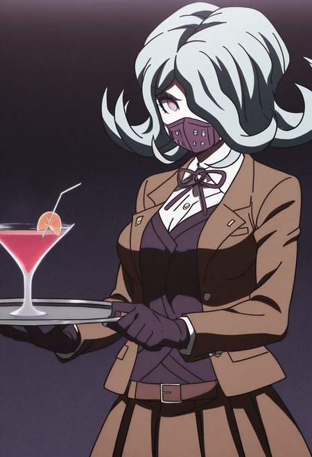 masterpiece, best quality, modern, modern anime, danganronpa_(series),<lora:Seiko_Kimura_Illustrious:1>, In the art style of Rui Komatsuzaki, artist: Rui Komatsuzaki, This anime screencap is from Danganronpa the Animation. . Seiko Kimura is wearing her despair arc Hope's Peak Academy uniform. She's wearing a brown blazer over a dark purple vest with a dark red bow at the collar. She's wearing a brown pleated skirt with a dark brown belt worn over her purple vest. She has on dark grey stockings going just above her knee and her hands are covered with dark purple gloves. Seiko is wearing her dark purple respirator mask covering her mouth and she has her shoulder length grey hair. Her hair covers her left eye.  Seiko Kimura at a Halloween masquerade ball, her respirator mask decorated with intricate, glittering designs. She's holding a tray of enchanted cocktails, hoping to help the partygoers enjoy the night with her special concoctions.