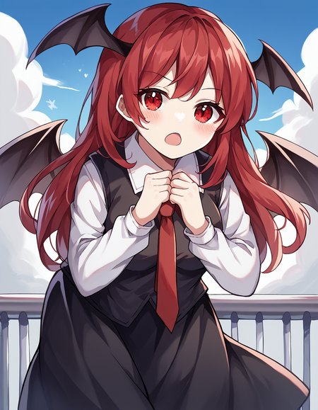 score_9, score_8_up, score_7_up, source_anime, <lora:koakuma-ponyxl-lora-nochekaiser:1>, koakuma, red eyes, red hair, long hair, sidelocks, medium breasts,, bat wings, black dress, black pantyhose, black skirt, black vest, dress, head wings, long sleeves, multiple wings, necktie, pantyhose, red necktie, shirt, skirt, vest, white shirt, wings,, laundry day, clothesline, drying clothes, domestic life, fresh air, blue sky, , <lora:x-arms-ponyxl-lora-nochekaiser:1>, x arms, blush, open mouth, leaning forward,, looking at viewer, solo,, dutch angle, cowboy shot