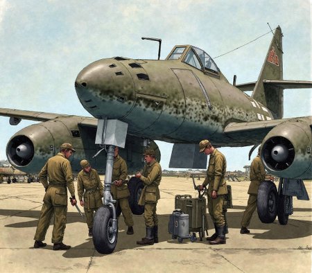 Messerschmitt Me 262 <lora:me-262-flux:2.3> A group of mechanics and engineers servicing a Messerschmitt Me 262 on an airfield, wearing period-accurate uniforms, tools in hand, engaged in refueling and maintenance. The setting is a late-war military base, with other aircraft and equipment in the background, captured in a detailed historical illustration style.