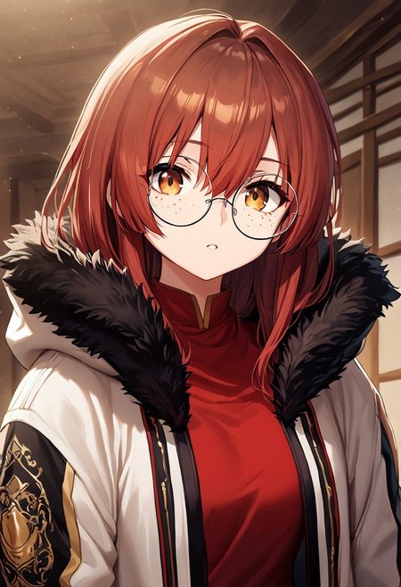 boa, highres, official_art,
parted lips, looking at viewer, round eyewear, detailed face, freckles, red hair, brown hair, hair between eyes, mole under eye, oversized jacket, shiny clothes
