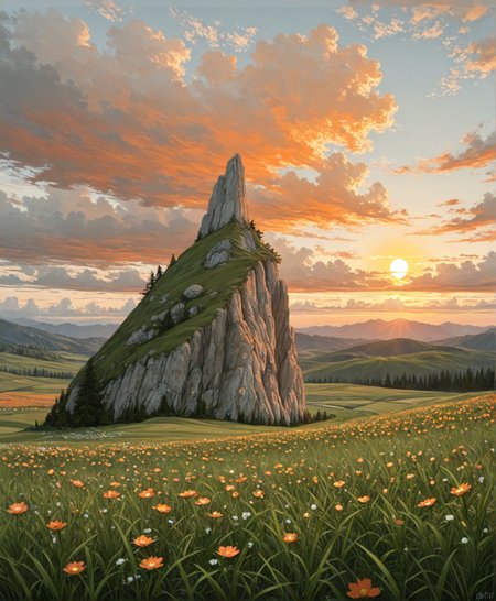 masterpiece, best quality, amazing quality, very aesthetic, perfect eyes, Sinozick_illu, crestyle, Sinozick_illu, gr4ph1t3,
,flower, outdoors, sky, cloud, no_humans, cloudy_sky, grass, scenery, sunset, rock, mountain, sun, field,A stunning landscape photograph of a rocky mountain peak at sunset, surrounded by lush green grass and wildflowers. The sky is filled with vibrant oranges, pinks, and purples, with fluffy white clouds scattered across the horizon. The sun is setting in the distance, casting a warm glow over the landscape. The peak is the focal point of the image, with the surrounding hills and trees providing a picturesque backdrop. The overall mood is peaceful and serene.
