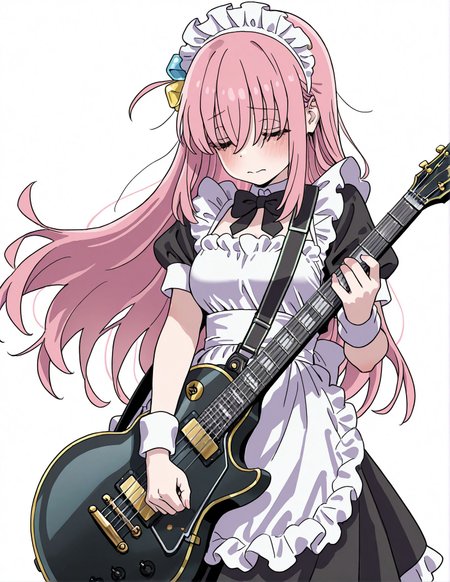 masterpiece,best quality,amazing quality,very aesthetic,absurdres,newest, huge filesize,
<lora:spo_sdxl_10ep_4k-data_lora_webui:0.5>,
1girl, solo, guitar, pink hair, maid headdress, instrument, maid, long hair, electric guitar, cube hair ornament, apron, white background, closed eyes, hair ornament, gibson les paul,
gotoh hitori, 
<lora:Yamashita_shunya_STYLE:0.8>  
Yamashita_shunya_STYLE,