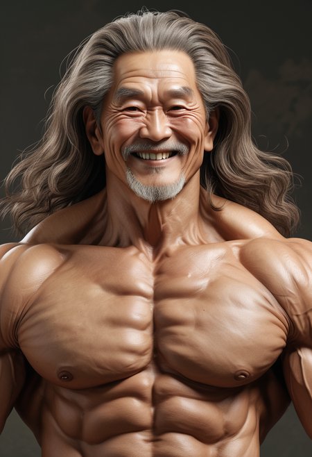 (medium full shot) of old man, Extremely muscular build, extra long hazel Textured Crop hair, korean, fair skin, brown eyes, smiling, detailed face, wearing clothes, ,Masterpiece,best quality, raw photo, realistic, very aesthetic