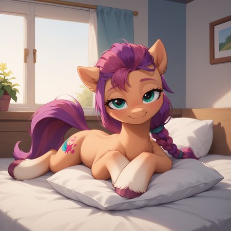 safe_pos, score_9,score_8_up,score_7_up,score_6_up, Expressiveh, source_pony,1girl:1.4, pony, my little pony, full body:1.4, sunny starscout, pony, blushing, bedroom eyes, on bed, lying on stomach, from the front, front legs crossed, head resting on pillow, adorable, full body, demure:1.4, incredible detail, indoors, night