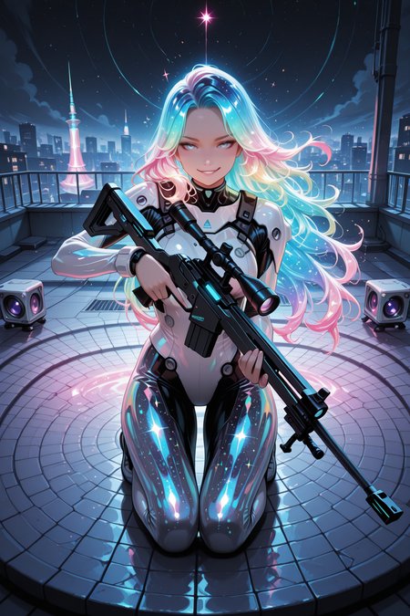 embedding:lazypos, 1girl, flirting smirk, kneeling on rooftop, holographic, holofoil glitter, faint, glowing, ethereal, neon hair, glowing hair, long hair, bob-like layers ,trigger discipline, sniper rifle, looking at the viewer <lora:TrendCraft_The_Peoples_Style_Detailer-v1.0A-3_13_2025-illustrious:0.6>