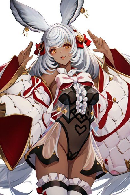 makuradef, rabbit ears, hair bow, black leotard, frills, detached sleeves, white thighhighs