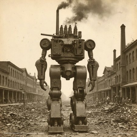An aged worn sepia monochrome 1800s photograph of a steam powered mecha, turret with canon, walking robot, smokestacks up top, thick black smoke, walking through a war-damaged city,