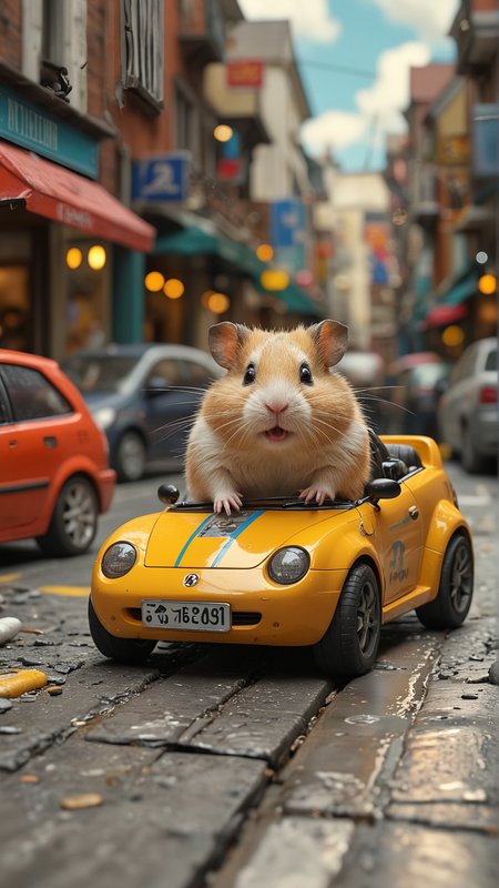 Giant hamster in a toy car, zooming through a busy street (masterpiece, award winning artwork)
many details, extreme detailed, full of details,
Wide range of colors, high Dynamic
 <lora:add-detail-xl:1>
 <lora:WildcardX-XL-Detail-Enhancer:1>
<lora:MJ52:0.375>
 <lora:CinematicStyle_v1:0.42>