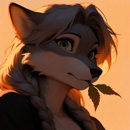 1girl, adult,  furry, anthro, wolf, solo, golden hour, masterpiece, best quality, very aesthetic, close up, gray hair, gray twin braids, green eyes, on fiel, leave in mouth, dandelion leaf