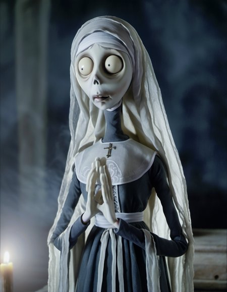 stopmotion, Monachella: Nun-like, Ghostly, Haunting, Veiled, Ethereal, Supernatural, Mourning, Silent. <lora:STOPMO_1.12_RC:0.9>