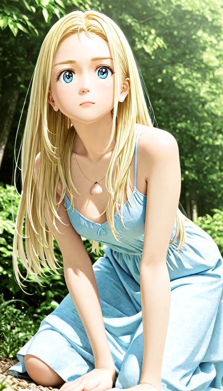 lazypos, masterpiece, best quality, amazing quality, very aesthetic, absurdres, newest, ((dynamic angle:1.4)), (detailed eyes:1.4),((ultra detailed hair:1.4))
BREAK
1girl,solo, blond hair, blue eyes,Silk Hair,(Beautiful shiny blond hair),seashell pendant,<lora:Kofune_Ushio_-_100percent_-_manga:1.1>,
BREAK
dress, (outdoors:1.2), straight-on waist up shot, shock expression, kneeling,