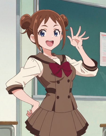 score_9, score_8_up, score_7_up, anime screencap,1girl, solo, double bun, brown hair, blue eyes, hair bun, school uniform, looking at viewer, short hair,brown skirt,jacket, open mouth, smile, cowboy shot,medium breasts,wide hip,<lora:ookuma:0.8>