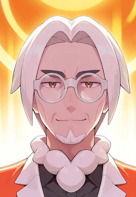 solo, masterpiece, detailed, uwa, huge filesize, ultra hd, best quality, (absurdres, highres), 1boy, official art, bright, male

PokeClavell, white hair, facial hair, glasses, orange jacket, black shirt, portrait, headshot, looking at viewer, smirk