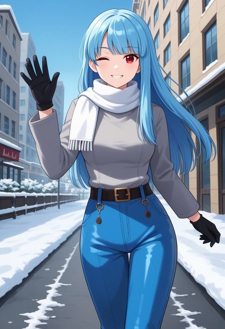 kula diamond, 1girl, solo, long hair, blue hair, gloves, red eyes, bangs, chaps, grey sweater, long sleeves, gloves, blue pants, white scarf, outdoors, city, winter, snow, wink, smile, waving, walking, looking at viewer,