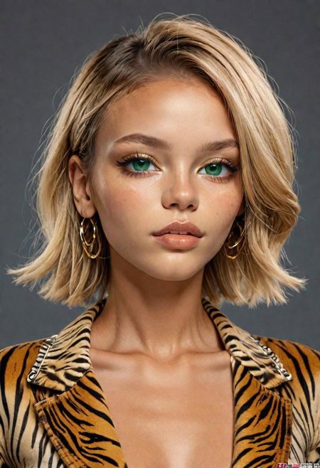 (masterpiece, best quality), female early twenties, well-defined, sub-saharan african, emerald eyes,  straight nose, u-shaped chin,  low cheekbones,  square face shape,   , dirty blonde
 long bob hair, loneliness
 wearing __bo/properties/color__    tiger print
 microfiber cheeky,  tanga,   collar pins ,,
, one hand covering the mouth, indicating shock or disbelief