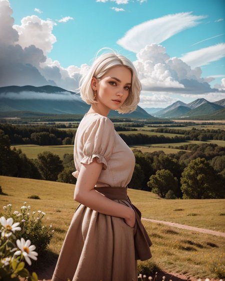 (tilt-shift shot:1.4), (Sn0frid_v1, white hair:1.3),  medium bosom, (style of Dorothea Lange) rugged frontier homestead woman, 1800s Montana, linen blouse, long skirt, apron, practical sturdy boots, earthy tones, natural fibers, rustic charm, sepia-toned aesthetic, arid golden prairie, wooden cabin, wildflowers, cracked soil, farm tools, weathered textures, sun-dappled lighting, determined expression, confident pose, wind-tousled hair, (dramatic clouds:1.2), vast open landscape, vintage authenticity, pioneering spirit ,