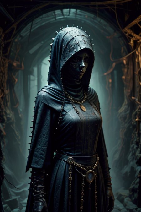 1girl,at distance,<lora:dungeon v1:0.7>,dungeon-background,dungeon,underground,stone wall,moss,<lora:cultiste:0.7>,cloak,hood up,robe,jewelry,chain,spike,<lora:Concept_-_Hella-sthetic_v2:0.7>,ceramic mask,the full and whole body,full length shot,, intricate, elegant, highly detailed, symmetry, magical atmosphere, sharp focus, majestic, very coherent, radiant, advanced, cinematic, artistic, fine detail, winning, beautiful, stunning, dramatic light, designed, rich deep colors, perfect professional background, ambient, tailored set composition