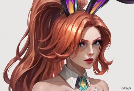 <lora:Battle_Bunny_Miss_Fortune:0.8>, 1girl, solo, posing, gorgeous, score_9, perfect quality, masterpiece, high detail, (detailed face:1.6), (battle bunny miss fortune:2), (miss fortune), ponytail, face focus, blank background, freckles, clean face